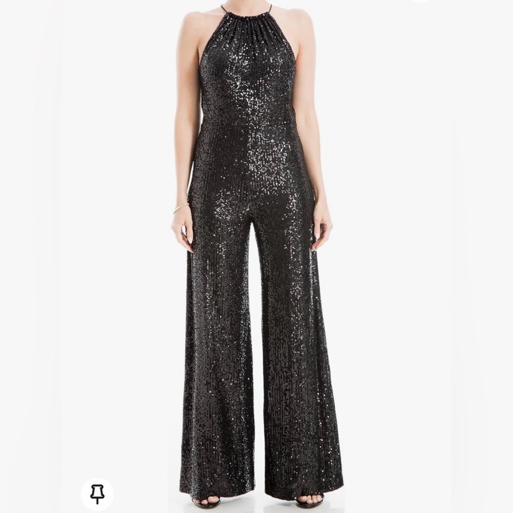 Max Studio, Black, Sequin, Halter Wide Leg Jumpsuit